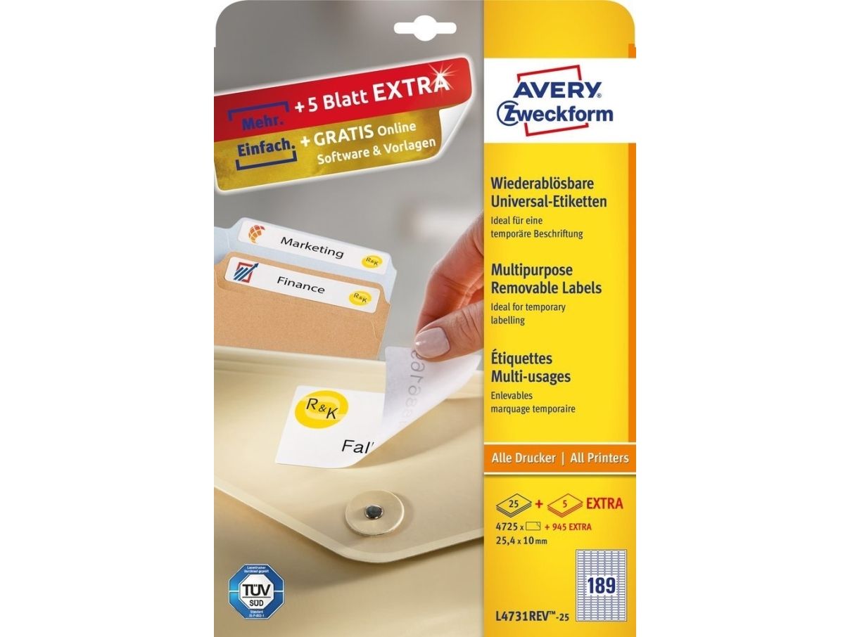 Etiketter Avery L4731-25 aftagelig universaletiket 25,4x10 mm hvid