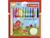 Stabilo Trio Jumbo barnetusj med 12 farger - 3 mm strek - Supervaskbar - Robust spiss - Trekantet grep - Ventilert hette