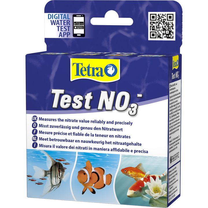 Blå æske Tetra Test NO3 med billeder af akvariefisk på forsiden