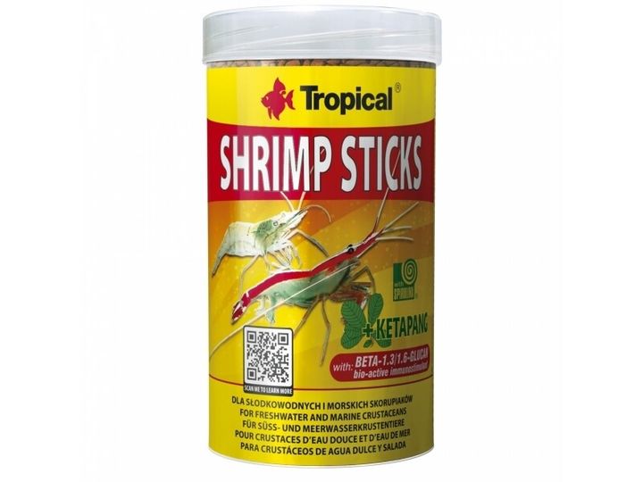 Gul dåse Tropical Shrimp Sticks med en reje på etiketten
