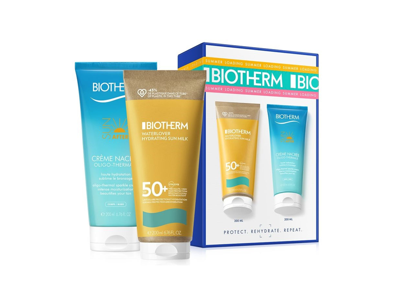 BIOTHERM sæt: Waterlover SPF 50 solcreme 200 ml + aftersun 200 ml