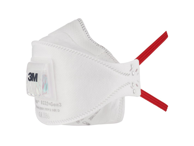 3M 9332+Gen3, Aura Støvmaske, FFP3, med ventil, Sikkerhedsmaske fladfoldet, masken må ikke genanvendes.