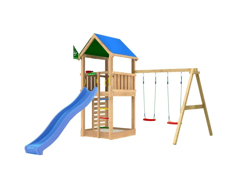 Legetårn Jungle Gym Lodge 2.1 inkl. Swing Module og blå rutschebane (804-436SX)