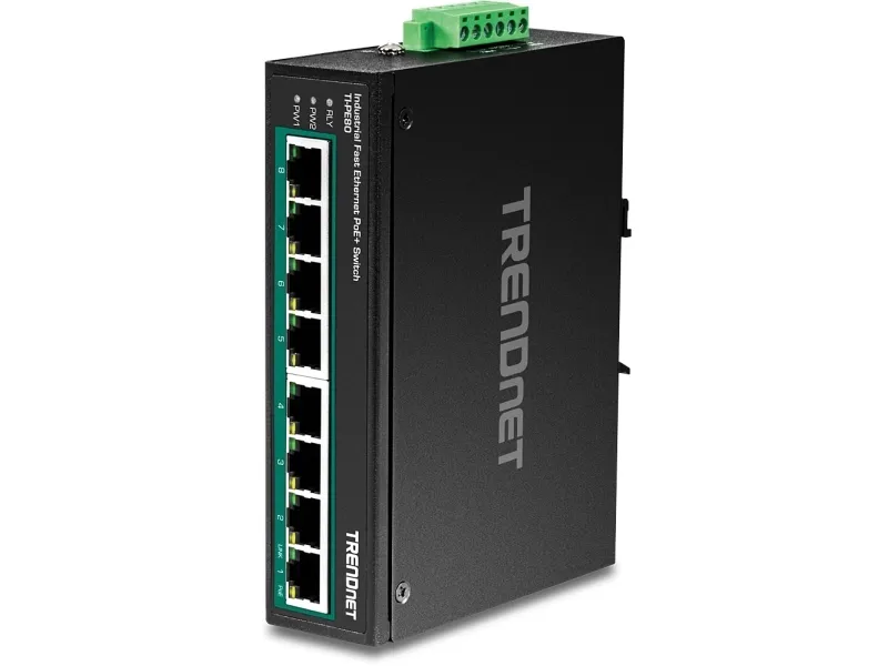 Switch Rail DIN Fast Ethernet PoE+ industriel à 8 ports - TRENDnet TI-PE80