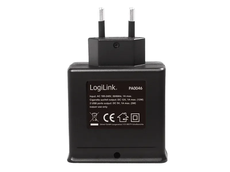 LogiLink PA0046, Indoor, Zigarettenanzünder, USB, 5 V, Schwarz