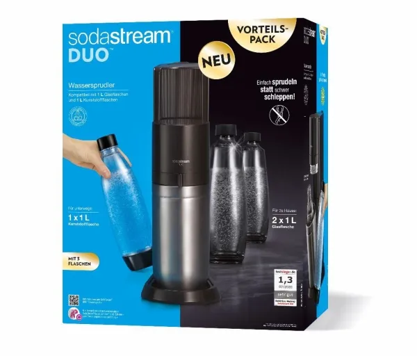 SodaStream DUO, Sort, Rustfrit stål, Glas, 1 L, 60 L, 155 mm, 280 mm