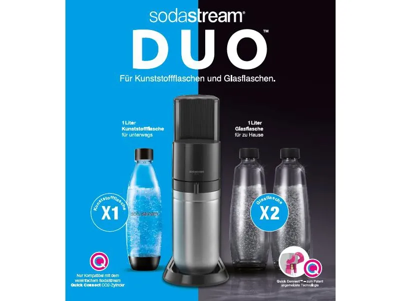 SodaStream DUO, Sort, Rustfrit stål, Glas, 1 L, 60 L, 155 mm, 280 mm