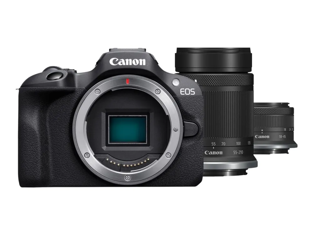 Canon EOS R100 - Digitalkamera - spejlløst - 24.1 MP - APS-C - 4K / 29.97  fps - 2.5x optisk zoom RF-S 18-45mm F4.5-6.3 IS STM lens, 55-210mm F5.0-7.1  IS STM lens - Wi-Fi, Bluetooth - sort