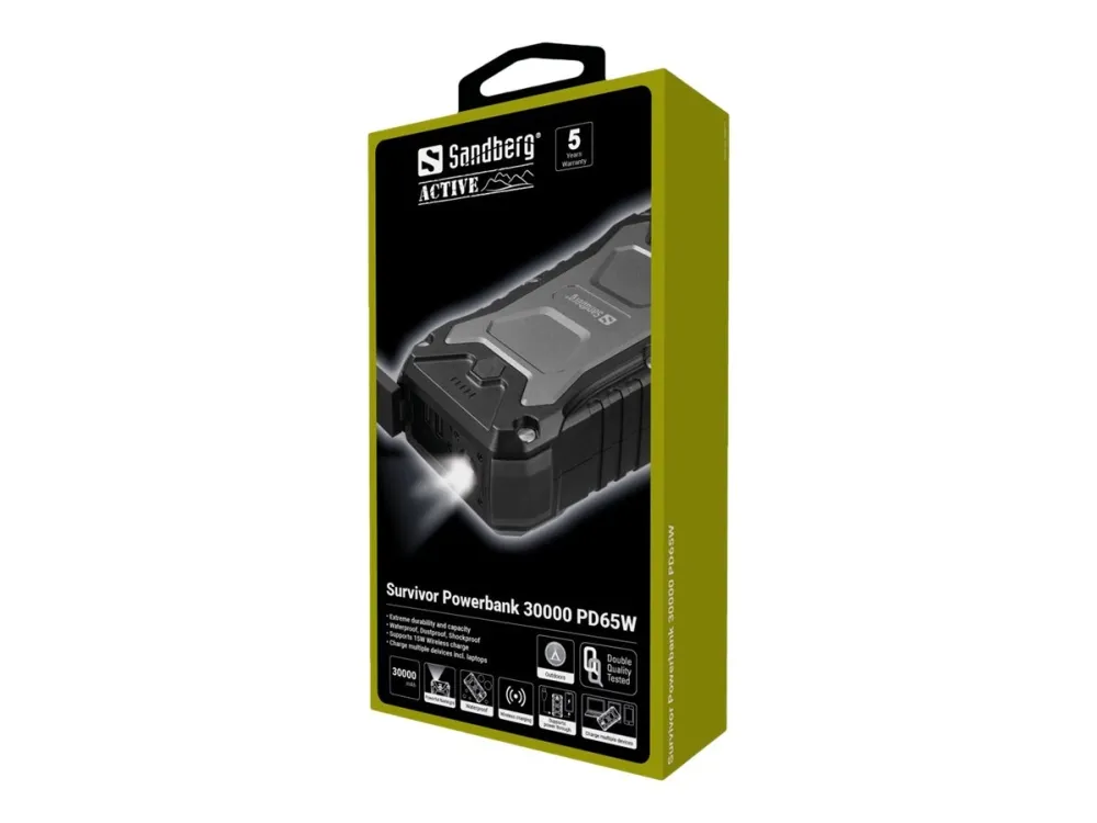 Sandberg Active Survivor - Powerbank - 30000 mAh - 111 Wh - 65 Watt - 3.25  A - PD, QC 3.0 - 4 output-stikforbindelser (2 x USB, 24 pin USB-C, DC5525)  ...