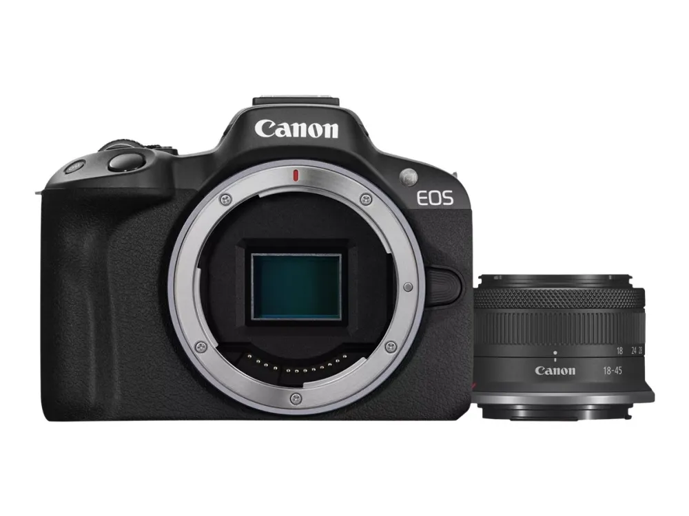 Canon EOS Bluetooth 4K - STM Frame Wi-Fi, - 24.2 objektiv RF-S - - MP Digitalkamera zoom R50 30 - 2.5x / spejlløst Full - fps IS - 18-45 optisk - sort F4.5-6.3 mm