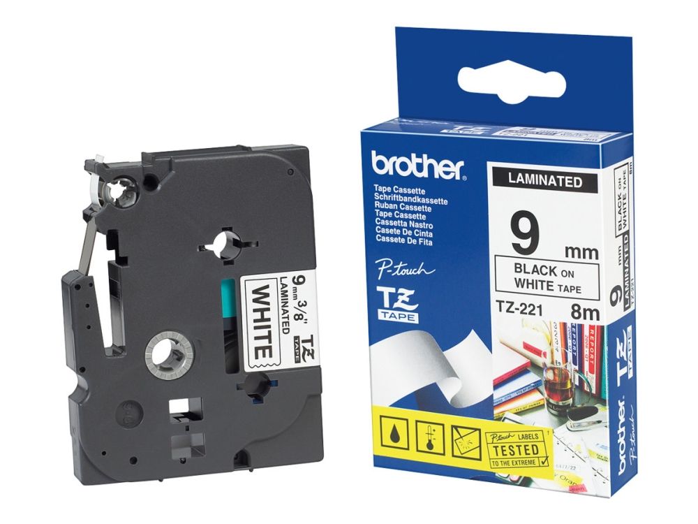 Brother Tz221 - Sort På Hvid - Rulle (0,9 Cm X 8 M) Lamineret Bånd - Für P-Touch Pt-1080, 1090, 1230, 1290, 18, 2030, 2430, 2730, 3600, 7100, 9700, 9